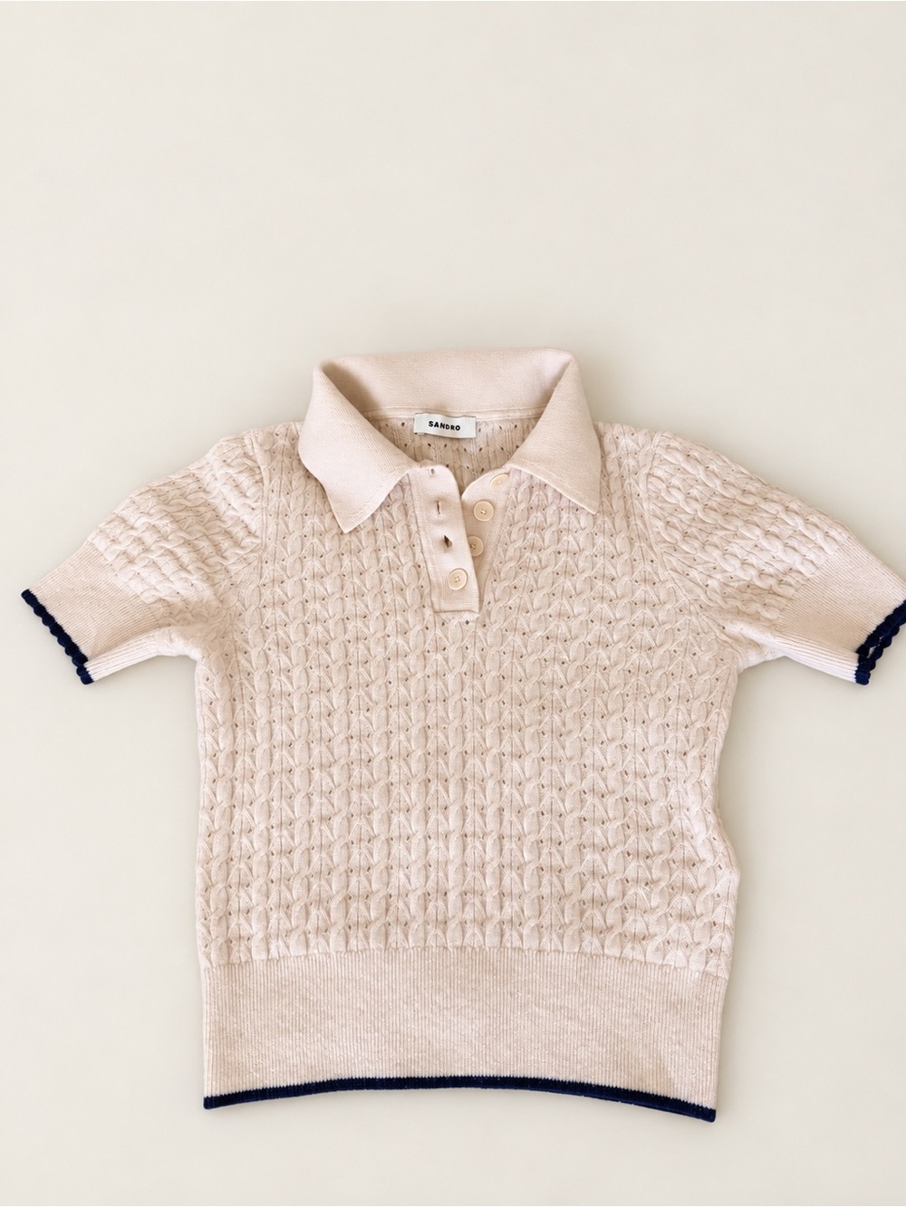 Sandro Kids Cream Knit Polo with Navy Trim